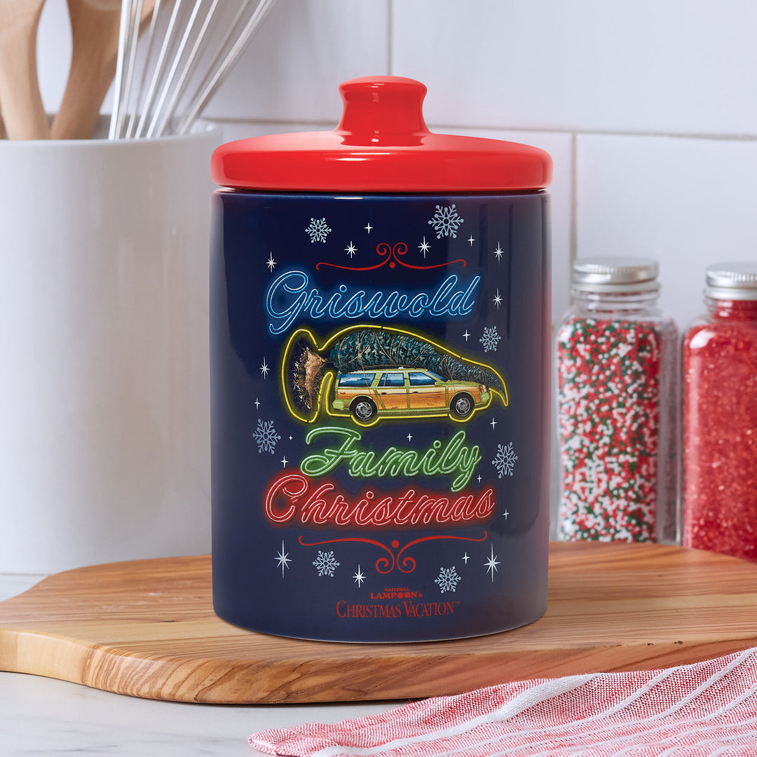 Decorative cookie jar with festive design on a kitchen counter