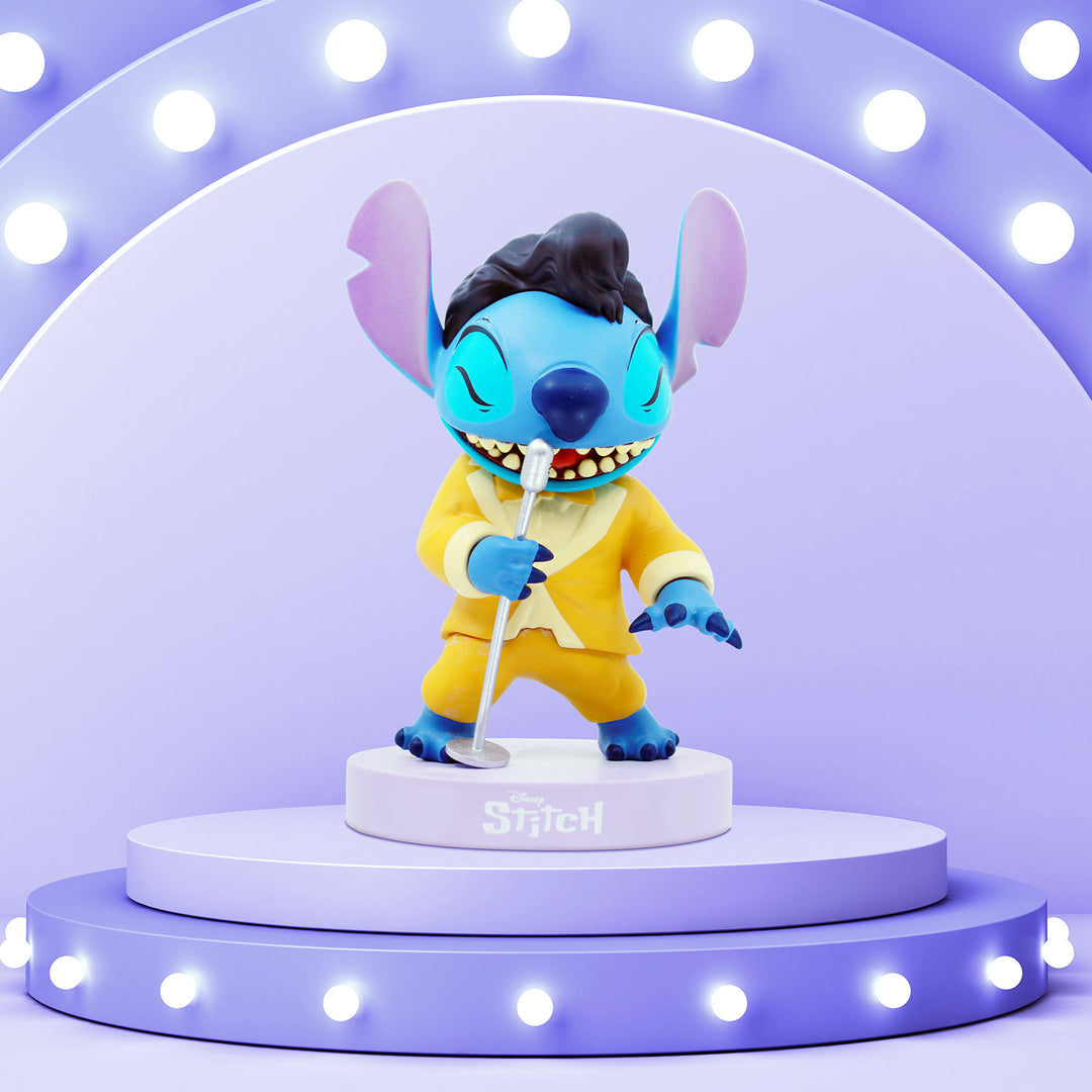 Animated character figure on a purple platform with lights